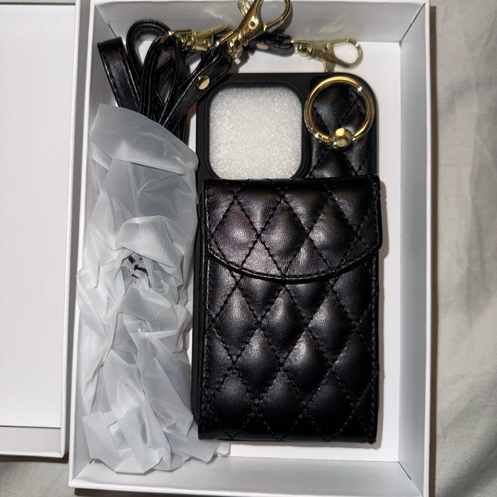 Black quilted wallet case for iPhone 14 Pro